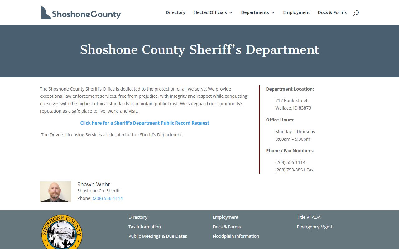 Shoshone County inmate population sheriff contact page