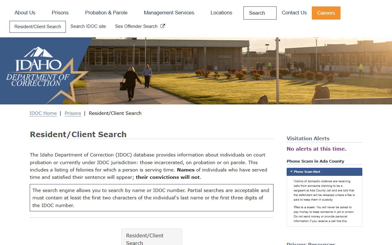 IDOC resident client search page with name and IDOC number fields